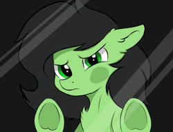 Size: 1069x817 | Tagged: safe, artist:kusturbrick, imported from derpibooru, oc, oc only, oc:filly anon, earth pony, pony, against glass, black background, breaking the fourth wall, chest fluff, dissatisfied, ear fluff, female, filly, floppy ears, fourth wall, glass, looking at you, mare, simple background, solo, underhoof