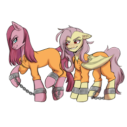 Size: 1500x1500 | Tagged: safe, artist:azusadrawz, imported from derpibooru, fluttershy, pinkie pie, bat pony, bat ponified, clothes, commission, commissioner:rainbowdash69, cuffed, cuffs, flutterbat, never doubt rainbowdash69's involvement, pinkamena diane pie, prison outfit, prisoner ft, prisoner pp, race swap, shackles, simple background, transparent background