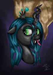 Size: 2480x3508 | Tagged: safe, artist:wolfcube333, imported from derpibooru, queen chrysalis, changeling, changeling queen, pony, :p, bust, fangs, female, g4, lidded eyes, solo, tongue out