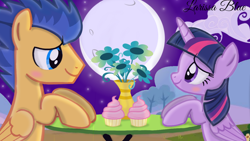 Size: 1280x720 | Tagged: safe, artist:mlplary6, imported from derpibooru, flash sentry, twilight sparkle, alicorn, pegasus, pony, blushing, cupcake, date, date night, female, flashlight, flower, food, g4, looking at each other, looking at someone, male, mare, moon, night, night sky, shipping, sky, smiling, smiling at each other, stallion, straight, table, this will end in wedding, twilight sparkle (alicorn)