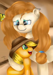 Size: 2480x3508 | Tagged: safe, artist:wolfcube333, imported from derpibooru, applejack, pear butter, earth pony, pony, applejack's hat, cowboy hat, duo, female, filly, filly applejack, foal, freckles, g4, hat, mare, mother and child, mother and daughter, one eye closed, open mouth, open smile, smiling, younger