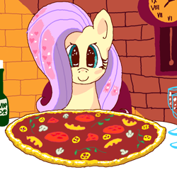 Size: 1000x1000 | Tagged: safe, artist:funkelpone, imported from derpibooru, fluttershy, pegasus, pony, alcohol, dinner, female, food, g4, glass, looking at you, mare, pizza, smiling, solo, wine, wine glass