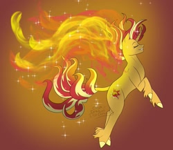 Size: 1301x1129 | Tagged: safe, artist:cosmicdragonkay, imported from derpibooru, sunset shimmer, classical unicorn, pony, unicorn, cloven hooves, curved horn, eyes closed, female, fiery shimmer, g4, horn, leonine tail, mane of fire, solo, sunset phoenix, unshorn fetlocks