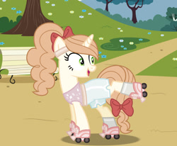 Size: 1280x1055 | Tagged: safe, artist:cindystarlight, imported from derpibooru, oc, oc only, oc:ashley shine diamond, pony, unicorn, base used, bench, female, mare, park, park bench, roller skates, solo