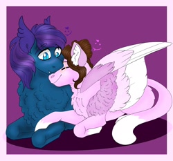 Size: 2048x1905 | Tagged: safe, artist:inisealga, imported from derpibooru, oc, oc only, oc:ash tree, oc:stardust, bat pony, cat, cat pony, original species, pony, sphinx, chest fluff, colored wings, cuddling, duo, duo male and female, female, heart, male, mare, multicolored wings, neck fluff, nuzzling, oc x oc, shipping, sphinx oc, stallion, wing fluff, wings