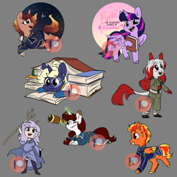Size: 3000x3000 | Tagged: safe, artist:cosmalumi, imported from derpibooru, twilight sparkle, oc, alicorn, human, pegasus, pony, unicorn, :3, book, book fort, bookhorse, female, furry, g4, glasses, gray background, mare, patreon, patreon logo, simple background, spyglass, staff, twilight sparkle (alicorn), wrench