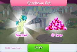 Size: 1257x852 | Tagged: safe, imported from derpibooru, sandbar, earth pony, pony, bundle, costs real money, english, gameloft, gem, green coat, green fur, green mane, green pony, green tail, male, my little pony: magic princess, numbers, official, sale, solo, solo focus, stallion, tail, teenager, text, treehouse of harmony