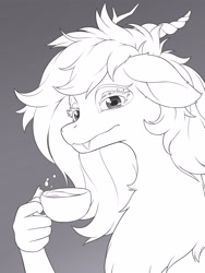 Size: 3000x4000 | Tagged: safe, artist:symbianl, imported from derpibooru, discord, draconequus, cup, eris, monochrome, rule 63, solo, teacup