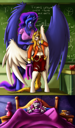 Size: 1038x1750 | Tagged: safe, alternate version, artist:jamescorck, imported from derpibooru, part of a set, daybreaker, princess celestia, princess luna, oc, oc:dyx, alicorn, anthro, age regression, alternate mane color, bad dream, bed, bedroom, belly button, breasts, chalkboard, classroom, cleavage, clothes, college, female, floppy ears, freckles, introduction, messy mane, midriff, one wing out, open mouth, pink-mane celestia, pinpoint eyes, principal and student, role reversal, school, school uniform, siblings, sisters, skirt, smiling, torn clothes, waking up, wide eyes, wings