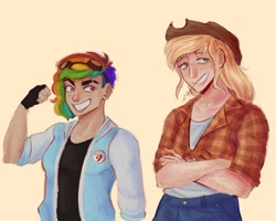 Size: 640x512 | Tagged: safe, artist:pierroid, imported from derpibooru, applejack, rainbow dash, human, applejack's hat, blue jeans, clothes, cowboy hat, cream background, crossed arms, cutie mark on clothes, duo, duo female, ear piercing, earring, female, fingerless gloves, gloves, goggles on head, hat, humanized, jacket, jewelry, no pupils, piercing, plaid shirt, reddit, scar, shirt, simple background, straw in mouth, varsity jacket