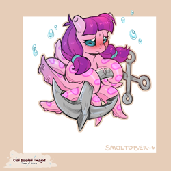 Size: 1200x1200 | Tagged: safe, artist:cold-blooded-twilight, imported from derpibooru, lily longsocks, monster pony, octopony, original species, squid, anchor, blushing, broken, bubble, female, filly, foal, frown, horizontal pupils, pigtails, sad, solo, species swap, tentacles, twintails, underwater, water