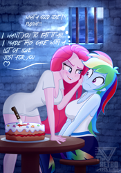 Size: 2130x3048 | Tagged: safe, artist:theretroart88, imported from derpibooru, pinkie pie, rainbow dash, human, equestria girls, bare shoulders, breasts, busty pinkie pie, busty rainbow dash, cake, cleavage, duo, female, food, halloween, holiday, jail cell, knife, open mouth, pinkamena diane pie, sleeveless, stupid sexy pinkie, stupid sexy rainbow dash