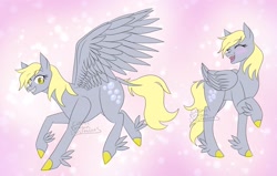 Size: 1881x1200 | Tagged: safe, artist:cosmicdragonkay, imported from derpibooru, derpy hooves, pegasus, pony, colored hooves, eyebrows, eyebrows visible through hair, eyes closed, feathered fetlocks, female, folded wings, laughing, leonine tail, open mouth, open smile, raised hoof, smiling, solo, spread wings, tail, wings