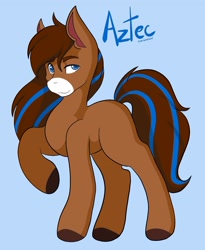 Size: 1322x1615 | Tagged: safe, artist:mscolorsplash, imported from derpibooru, earth pony, pony, aztec (horseland), blue background, coat markings, crossover, facial markings, horseland, male, ponified, raised hoof, simple background, snip (coat marking), solo, stallion