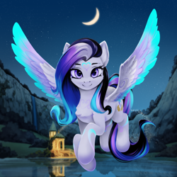 Size: 2500x2500 | Tagged: safe, artist:inowiseei, imported from derpibooru, oc, oc only, pegasus, pony, building, canyon, colored wings, crescent moon, female, gazebo, high res, lake, looking at you, mare, moon, multicolored wings, night, night sky, pegasus oc, sky, smiling, solo, water, waterfall, wings