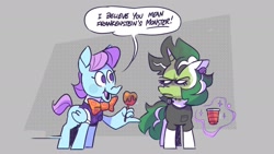 Size: 1803x1014 | Tagged: safe, artist:kylesmeallie, imported from derpibooru, gusty, wind whistler, pegasus, pony, unicorn, apple, bowtie, candy apple (food), clothes, costume, cup, dialogue, duo, female, food, frankenstein's monster, g1, halloween, halloween costume, levitation, magic, mare, pedantic, speech bubble, telekinesis, unamused, wing hands, wings