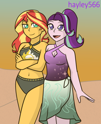 Size: 1789x2196 | Tagged: safe, artist:hayley566, imported from derpibooru, starlight glimmer, sunset shimmer, human, equestria girls, bare shoulders, beach, beach shorts swimsuit, belly button, bikini, breasts, cleavage, clothes, crossed arms, duo, female, lesbian, sarong, shimmerglimmer, shipping, sleeveless, sunset, sunset shimmer's beach shorts swimsuit, swimsuit