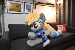 Size: 3000x2000 | Tagged: safe, artist:lanacraft, imported from derpibooru, derpy hooves, pegasus, pony, 4chan cup scarf, clothes, female, irl, life size, lying down, mare, photo, plushie, scarf