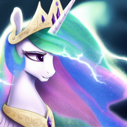 Size: 1024x1024 | Tagged: safe, imported from derpibooru, princess celestia, alicorn, pony, ai content, ai generated, crown, female, g4, generator:purplesmart.ai, generator:stable diffusion, jewelry, lightning, mare, regalia, smiling, solo