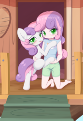 Size: 2200x3200 | Tagged: safe, artist:an-m, imported from derpibooru, sweetie belle, human, pony, unicorn, :p, barefoot, blushing, clothes, duo, feet, female, filly, foal, holding, human paradox, human ponidox, humanized, self paradox, self ponidox, shorts, tongue out, treehouse