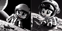 Size: 1024x512 | Tagged: safe, editor:paracompact, imported from derpibooru, pony, ai assisted, ai content, ai generated, astronaut, cute, generator:purplesmart.ai, generator:stable diffusion, monochrome, moon, random pony, space helmet