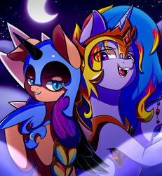 Size: 2772x3000 | Tagged: safe, artist:alexsc112, imported from derpibooru, daybreaker, izzy moonbow, nightmare moon, sunny starscout, earth pony, pony, unicorn, spoiler:g5, spoiler:my little pony: tell your tale, spoiler:tyts01e30, blue eyes, blue mane, clothes, cosplay, costume, daybreaker armor, digital art, duo, fangs, female, g5, gem, halloween, halloween costume, helmet, high res, holiday, hoof shoes, horn, izzybreaker, looking at you, mare, mlp fim's twelfth anniversary, moon, moonlight, my little pony: tell your tale, night, nightmare moon armor, nightmare night, nightmare night costume, nightmare night party, nightmare sunny, open mouth, peytral, purple eyes, raised hoof, sky, slim, smiling, spread wings, wings