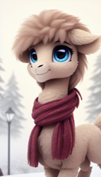 Size: 512x896 | Tagged: safe, editor:paracompact, imported from derpibooru, alpaca, ai assisted, ai content, ai generated, clothes, cute, fluffy, generator:purplesmart.ai, generator:stable diffusion, long neck, scarf, snow, solo