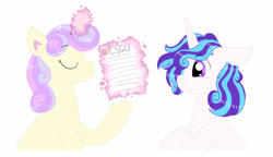 Size: 3601x2077 | Tagged: safe, artist:queenderpyturtle, imported from derpibooru, oc, oc only, oc:carnation, oc:charity caritas, pony, unicorn, magic, offspring, parent:pokey pierce, parent:royal ribbon, simple background, white background