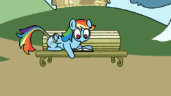 Size: 1920x1080 | Tagged: safe, artist:kid wizard, imported from derpibooru, rainbow dash, pegasus, pony, animated, bench, blushing, book, dialogue, falling, female, flying, gif, implied anon, looking at you, looking down, lying down, mare, open mouth, open smile, prone, sad, sitting, smiling, solo, spread wings, subtitles, talking to viewer, tsunderainbow, tsundere, wings