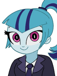 Size: 1500x2000 | Tagged: safe, artist:kid wizard, imported from derpibooru, sonata dusk, human, equestria girls, clothes, female, looking at you, necktie, shirt, simple background, smiling, solo, suit, white background