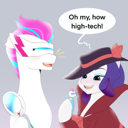 Size: 2048x2048 | Tagged: safe, artist:aztrial, imported from derpibooru, rarity, zipp storm, pegasus, pony, unicorn, adorazipp, blushing, clothes, coat, cute, detective rarity, detective zipp, drone, duo, eyeshadow, fedora, female, g5, gray background, hat, makeup, mare, open mouth, rad-visor, raribetes, simple background, unshorn fetlocks, visor