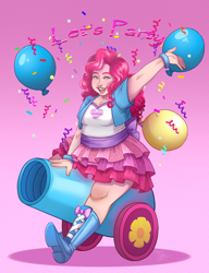 Size: 1250x1630 | Tagged: safe, artist:toxiccolour, imported from derpibooru, pinkie pie, human, balloon, bbw, boots, chubby, clothes, confetti, cute, diapinkes, fat, female, humanized, open mouth, party cannon, pink background, pudgy pie, shirt, shoes, simple background, skirt, solo, t-shirt, vest
