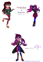 Size: 884x1286 | Tagged: safe, artist:prettycelestia, imported from twibooru, oc, oc:octava galaxia, oc:purple joke, cape, clothes, fusion, high heeled boots, image, jewelry, necklace, png, textured hair