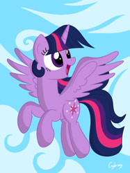 Size: 1024x1371 | Tagged: safe, artist:thebrokencog, imported from derpibooru, twilight sparkle, alicorn, pony, cloud, eyelashes, female, flying, g4, mare, open mouth, open smile, sky, smiling, solo, spread wings, twilight sparkle (alicorn), wings