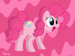 Size: 1024x765 | Tagged: safe, artist:thebrokencog, imported from derpibooru, pinkie pie, earth pony, pony, abstract background, eyelashes, female, g4, mare, open mouth, open smile, pink background, simple background, smiling, solo, standing