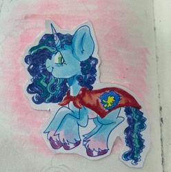 Size: 640x644 | Tagged: safe, artist:kreeeeeez, imported from derpibooru, unicorn, cape, clothes, cmc cape, coat markings, colored fetlocks, colored hooves, colored horn, female, g5, horn, mare, misty, multicolored hair, reddit, solo, traditional art, unshorn fetlocks