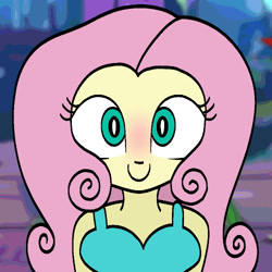 Size: 500x500 | Tagged: safe, artist:kid wizard, imported from derpibooru, fluttershy, human, equestria girls, blushing, clothes, dress, female, looking at you, smiling, solo