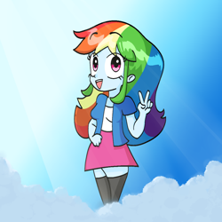 Size: 1000x1000 | Tagged: safe, artist:kid wizard, imported from derpibooru, rainbow dash, human, equestria girls, clothes, cloud, crepuscular rays, female, open mouth, open smile, peace sign, shirt, skirt, smiling, socks, solo, thigh highs