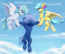 Size: 2372x1956 | Tagged: safe, artist:little-sketches, imported from derpibooru, oc, oc only, oc:dark straw, oc:jeppesen, oc:siriusnavigator, hybrid, pegasus, pony, zony, beautiful, braid, braided tail, butt fluff, carrying, chest fluff, cloud, cute, feather, female, flower, flower in hair, flying, leg fluff, looking down, mare, one eye closed, pegasus oc, sky, sky background, speech bubble, sweat, sweatdrop, tail, text, trio, twin braids, wings, wink, zony oc