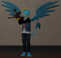 Size: 1131x1080 | Tagged: safe, artist:ponygamer2020, imported from derpibooru, gallus, anthro, digitigrade anthro, griffon, 3d, claws, clothes, criatures fortress 2, gun, jacket, male, pants, paws, pose, rifle, sniper, sniper rifle, solo, source filmmaker, spread wings, tail, team fortress 2, that griffon sure does love weapons, weapon, wings