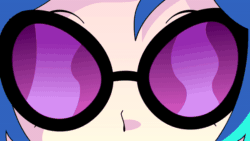 Size: 600x338 | Tagged: safe, alternate version, artist:kid wizard, imported from derpibooru, dj pon-3, vinyl scratch, human, equestria girls, animated, blinking, female, gif, looking at you, red eyes, solo, vinyl's glasses