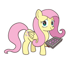 Size: 1000x800 | Tagged: safe, artist:kid wizard, imported from derpibooru, fluttershy, pegasus, pony, baking sheet, cookie, female, food, hoof hold, lidded eyes, looking at you, mare, simple background, smiling, solo, thank you, white background
