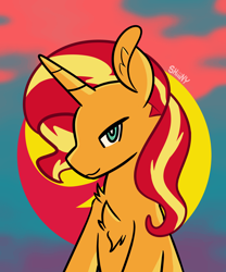 Size: 2500x3000 | Tagged: safe, alternate version, artist:shiiiny, imported from derpibooru, sunset shimmer, unicorn, bust, chest fluff, female, g4, mare, portrait, signature, smiling, smirk