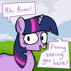 Size: 1000x1000 | Tagged: safe, artist:kid wizard, imported from derpibooru, twilight sparkle, pony, unicorn, dialogue, female, implied anon, looking at you, mare, offscreen character, open mouth, open smile, smiling, solo, speech bubble, talking to viewer, unicorn twilight