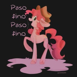 Size: 715x715 | Tagged: safe, artist:coypuppy, imported from derpibooru, pinkie pie, earth pony, pony, eye clipping through hair, female, hat, looking at you, mare, raised hoof, solo, spanish, spanish text, speech bubble, translated in the comments, unshorn fetlocks