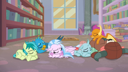 Size: 1920x1080 | Tagged: safe, imported from derpibooru, screencap, gallus, ocellus, sandbar, silverstream, smolder, yona, changedling, changeling, classical hippogriff, dragon, earth pony, griffon, hippogriff, pony, yak, season 8, what lies beneath, spoiler:s08, 1080p, bow, cloven hooves, cute, daaaaaaaaaaaw, diaocelles, diastreamies, dragoness, eyes closed, female, gallabetes, hair bow, hnnng, male, sandabetes, school of friendship, sleeping, smolderbetes, stallion, student six, sweet dreams fuel, tired, yonadorable