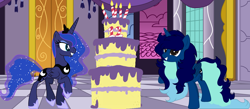 Size: 4172x1815 | Tagged: safe, artist:calibykitty, artist:yeetmedownthestairs, imported from derpibooru, princess luna, oc, oc:midnight, oc:midnight specter, alicorn, pony, cake, candle, complex background, flowing mane, flowing tail, food, long mane, long tail, mlp fim's twelfth anniversary, raised leg, smiling, surprised, tail