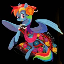 Size: 720x720 | Tagged: safe, artist:coypuppy, imported from derpibooru, rainbow dash, pegasus, pony, black background, clothes, dress, mexico, rainbow dash always dresses in style, simple background, solo