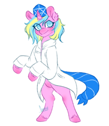 Size: 774x897 | Tagged: safe, artist:curryrice, imported from derpibooru, oc, oc only, pony, unicorn, bipedal, blushing, clothes, commission, featureless crotch, lab coat, science, simple background, solo, white background