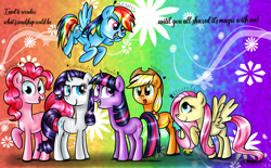 Size: 1617x1000 | Tagged: safe, artist:technoponywardrobe, artist:yanoda, imported from derpibooru, applejack, fluttershy, pinkie pie, rainbow dash, rarity, twilight sparkle, earth pony, pegasus, unicorn, anniversary, cursive writing, flower, glitter, happy birthday mlp:fim, lighting, mane six, mlp fim's twelfth anniversary, rainbow background, screenshot redraw, shading, shadows, text, unicorn twilight